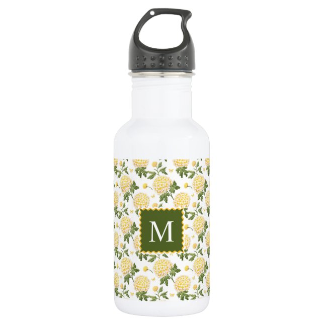Elegant Yellow Hydragea Floral Monogram Edelstahlflasche (Vorderseite)
