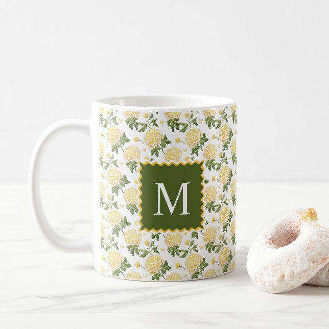 Elegant Yellow Hydragea Floral Monogram Kaffeetasse (Mit Donut)