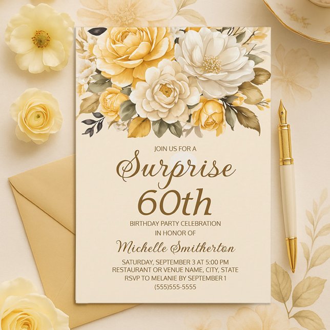 Elegant Yellow Ivory Cream Floral Überraschung 60. Einladung (Yellow and cream watercolor floral 60th birthday party invitation)