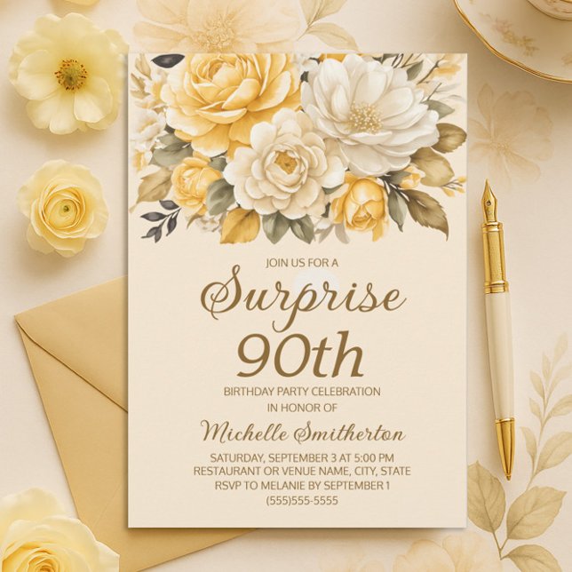 Elegant Yellow Ivory Cream Floral Überraschung 90. Einladung (Yellow and cream floral 90th birthday invitation)