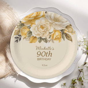 Elegant Yellow Ivory Cream Floral Überraschung 90. Pappteller