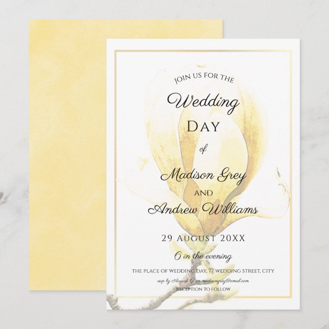 Elegant Yellow Magnolia Wedding Einladung (Vorne/Hinten)