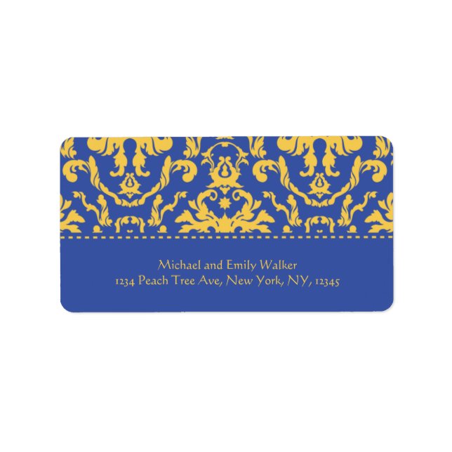 Elegant Yellow n Royal Blue Damask Address Label Adressaufkleber (Vorne)