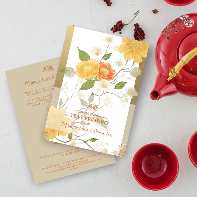 Elegant Yellow & Orange Shades Floral Chinese Tea  Einladung (Elegant Yellow & Orange Shades Floral Chinese Tea Ceremony and Wedding Invitation with Envelope.)