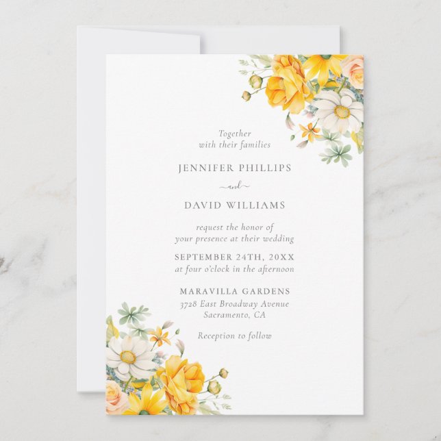 Elegant Yellow Peach Floral Wedding Einladung (Vorderseite)