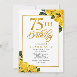Elegant Yellow Rose 75. Geburtstag Einladung