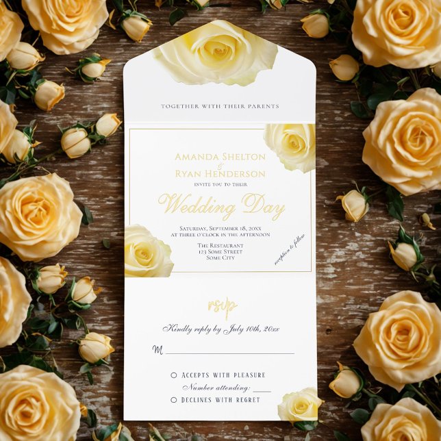Elegant Yellow Rose Floral Wedding All-in-One-Einladung (Von Creator hochgeladen)