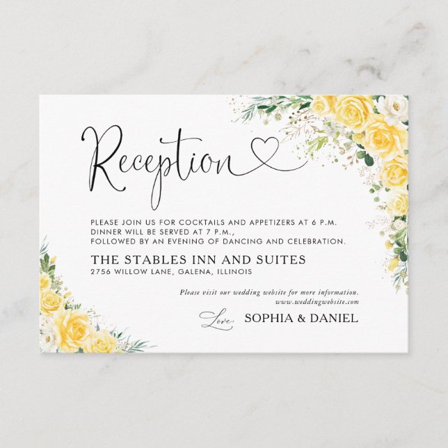 Elegant Yellow Wedding Reception Card Begleitkarte (Vorderseite)