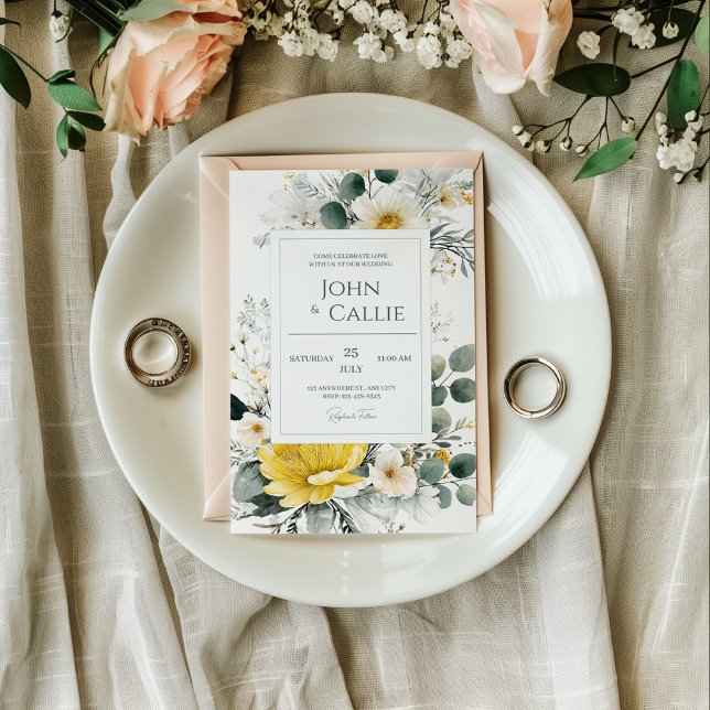 Elegant Yellow White Floral Eucalyptus Watercolor Einladung (Von Creator hochgeladen)