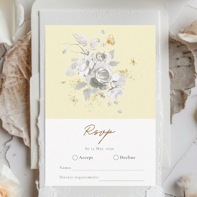 Elegant Yellow White Rose Wedding RSVP Card Begleitkarte (Von Creator hochgeladen)