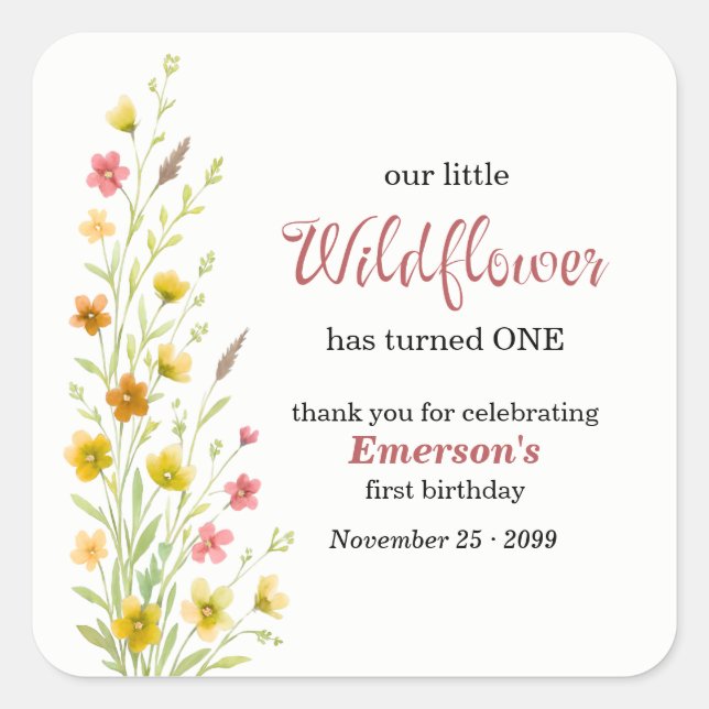 Elegant Yellow Wildflower 1st Birthday Party Quadratischer Aufkleber (Vorderseite)