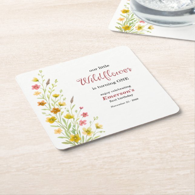 Elegant Yellow Wildflower 1st Birthday Party Rechteckiger Pappuntersetzer (angewinkelt)