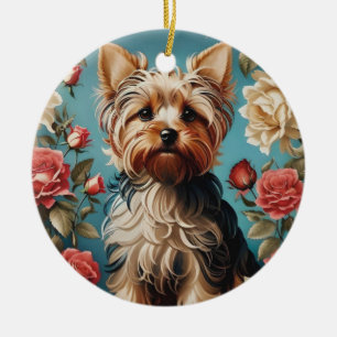 Elegant Yorkshire Terrier Rose Garden Keramik Ornament