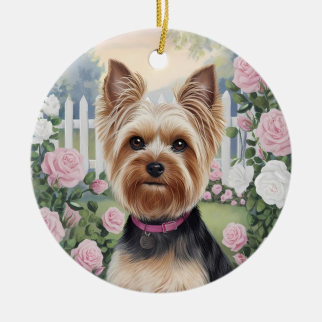 Elegant Yorkshire Terrier Rose Garden Malerei Keramik Ornament (Vorne)