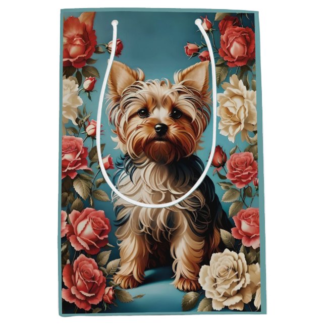 Elegant Yorkshire Terrier Rose Garden Mittlere Geschenktüte (Vorderseite)