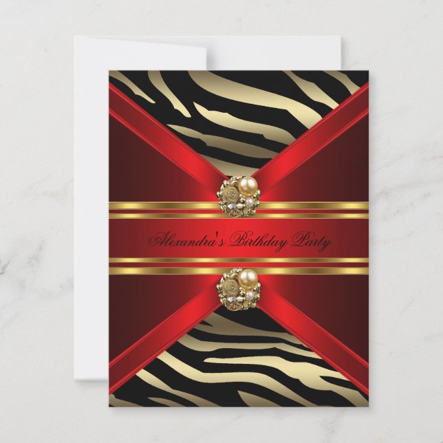 Elegant Zebra Animal Regal Red Gold Black Birthday Einladung (Vorderseite)