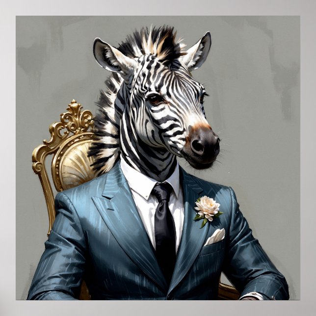 Elegant Zebra in Blue Suit Portrait Malerei Poster (Vorne)