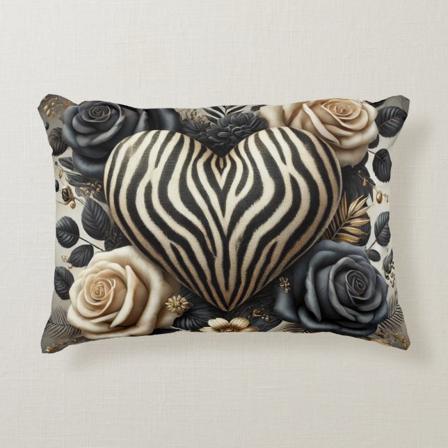 Elegant Zebra Print Heart & Rose Dekokissen (Vorderseite)