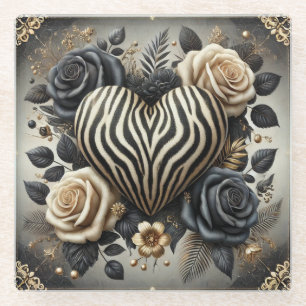 Elegant Zebra Print Heart & Rose Glasuntersetzer