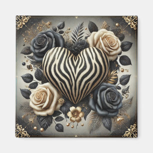 Elegant Zebra Print Heart & Rose Magnet