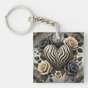 Elegant Zebra Print Heart & Rose Schlüsselanhänger