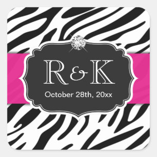 Elegant Zebra Print Hot Pink Wedding Initials Date Quadratischer Aufkleber