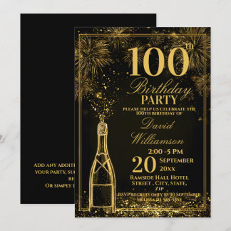 Elegante 100. Geburtstags-Goldflasche Fizz Einladung