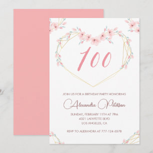 Elegante 100. Geburtstagseinladungen Rosa Blumen Einladung