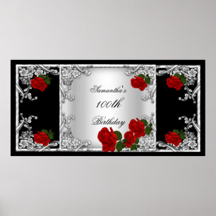 Elegante 100. Geburtstagsfeier rote Rose Silber Poster