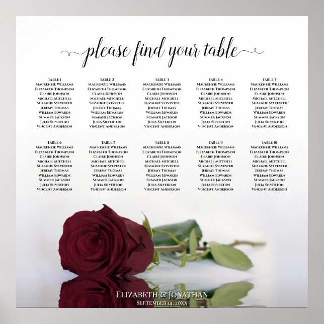 Elegante 10 Table Burgundy Rose Seating Chart Poster (Vorne)