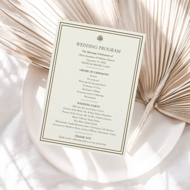 Elegante 12x18 Ivory & Gold Tropical Palm Wedding Programm (Elegant wedding program with classic design for a timeless ceremony touch.)