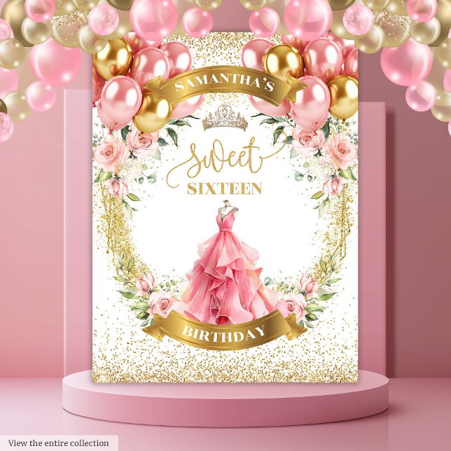 Elegante 16 . Geburtstag Party Banner Rose Dress Wandteppich (Elegant Sweet Sixteen Party Banner Roses Dress Tapestry)
