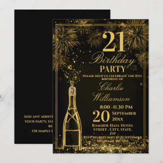 Elegante 21. Geburtstags-Goldflaschen-Sekt Einladung