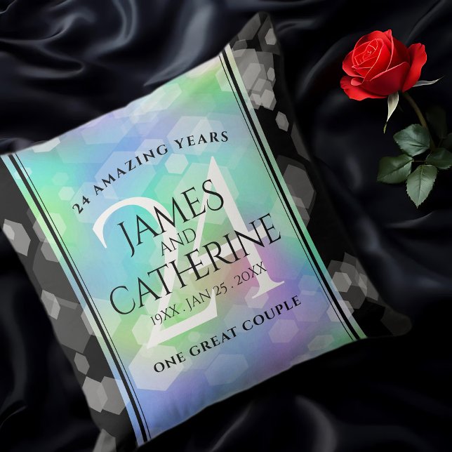 Elegante 24. Opal Wedding Anniversary Celebration Kissen (24th Opal Wedding Anniversary Throw Pillow on Black Satin Cover Photo)