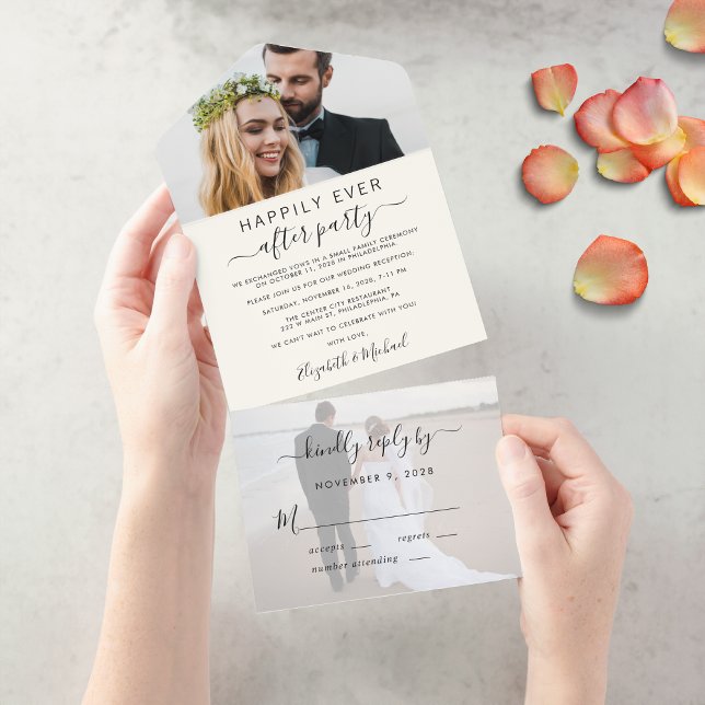 Elegante 2-Foto Hochzeitsempfehlung All In One Einladung (An chic Happily Ever After Party all-in-one invitation for your wedding celebration)