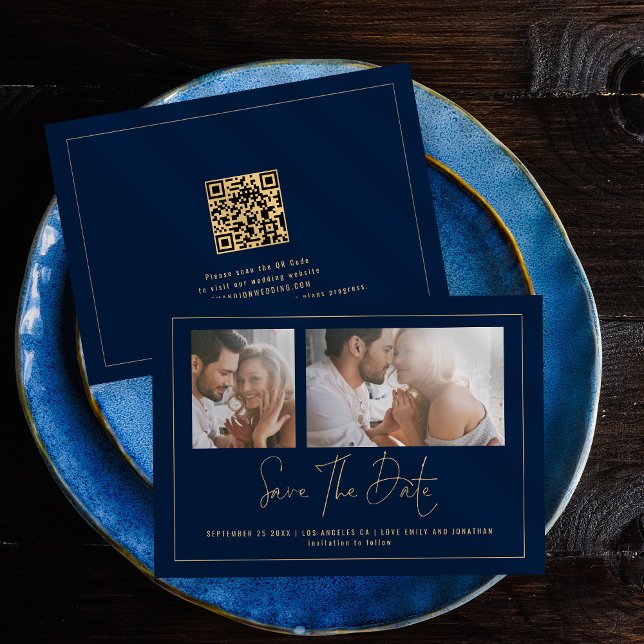Elegante 2 Fotos Gold Navy Blue Wedding Save The Date (Von Creator hochgeladen)