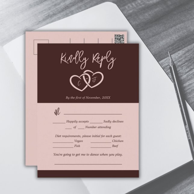 Elegante 2 Herz Sienna Rotes Menü Auswahl RSVP Kar Postkarte (Elegant 2 Hearts Sienna Red Menu Choice RSVP Card)