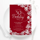 Elegante 30. Geburtstag Rote Silber Rose Einladung<br><div class="desc">Rot silber florale 30. Geburtstag Party Einladung. Elegantes Design mit Rose,  Imitaten silberne Folie und Typografie Script Schriftart. Die trendige Einladungskarte eignet sich perfekt für eine stilvolle Damenfeier. Kann für jedes Alter angepasst werden. Personalisieren Sie Ihre persönlichen Daten. Gedruckte Zazzle-Einladungen oder Sofortdownload digitaler Druckvorlage.</div>