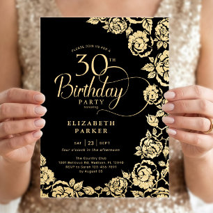 Elegante 30. Geburtstags Black Gold Rose Einladung