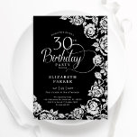 Elegante 30. Geburtstags Black Silver Rose Einladung<br><div class="desc">Schwarz silber florale 30. Geburtstag Party Einladung. Elegantes Design mit Rose,  Imitaten silberne Folie und Typografie Script Schriftart. Die trendige Einladungskarte eignet sich perfekt für eine stilvolle Damenfeier. Kann für jedes Alter angepasst werden. Personalisieren Sie Ihre persönlichen Daten. Gedruckte Zazzle-Einladungen oder Sofortdownload digitaler Druckvorlage.</div>