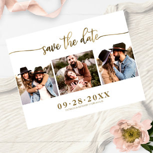 Elegante 3-Foto-Collage Hochzeit Save The Date Postkarte