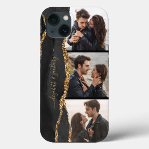 Elegante 3-Foto-Collage Namen Schwarz Gold Achat Case-Mate iPhone Hülle