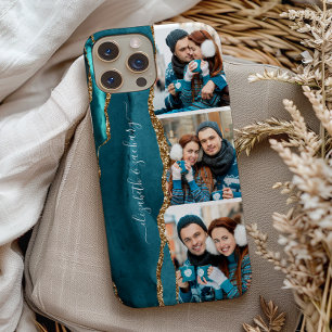 Elegante 3-Foto-Collage-Namen Teal Gold Achat Case-Mate iPhone Hülle