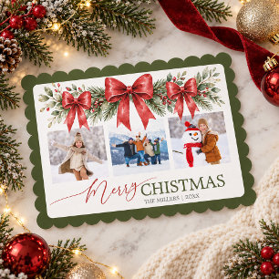 Elegante 3-Foto-Weihnachtskarte mit rotem Band und Feiertagskarte