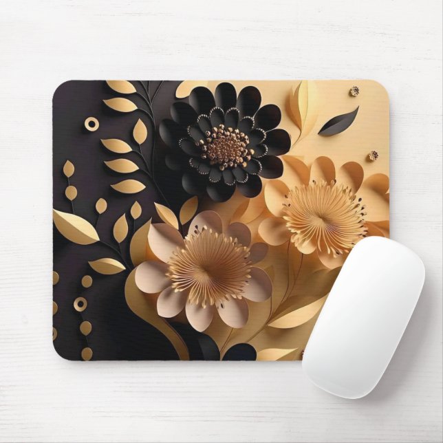 Elegante 3D Black and Gold Blume Mousepad (Mit Mouse)