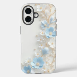 Elegante 3D-blaue und weiße Blumen-Pearl-iPhone-Hü iPhone 16 Hülle