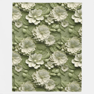 Elegante 3D Flora Relief Olive Green Fleecedecke