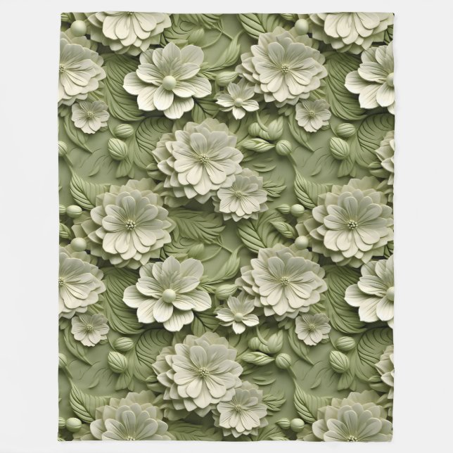 Elegante 3D Flora Relief Olive Green Fleecedecke (Vorderseite)