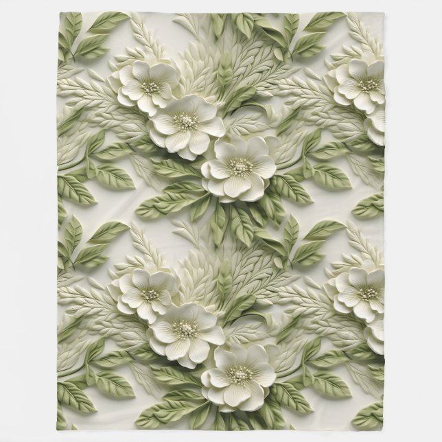 Elegante 3D Flora Relief Olive & Ivory Fleecedecke (Vorderseite)