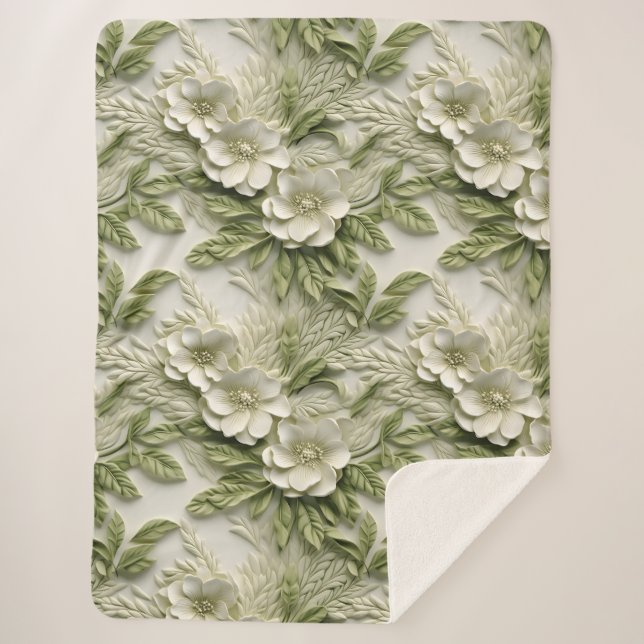 Elegante 3D Flora Relief Olive & Ivory Sherpadecke (Vorderseite)